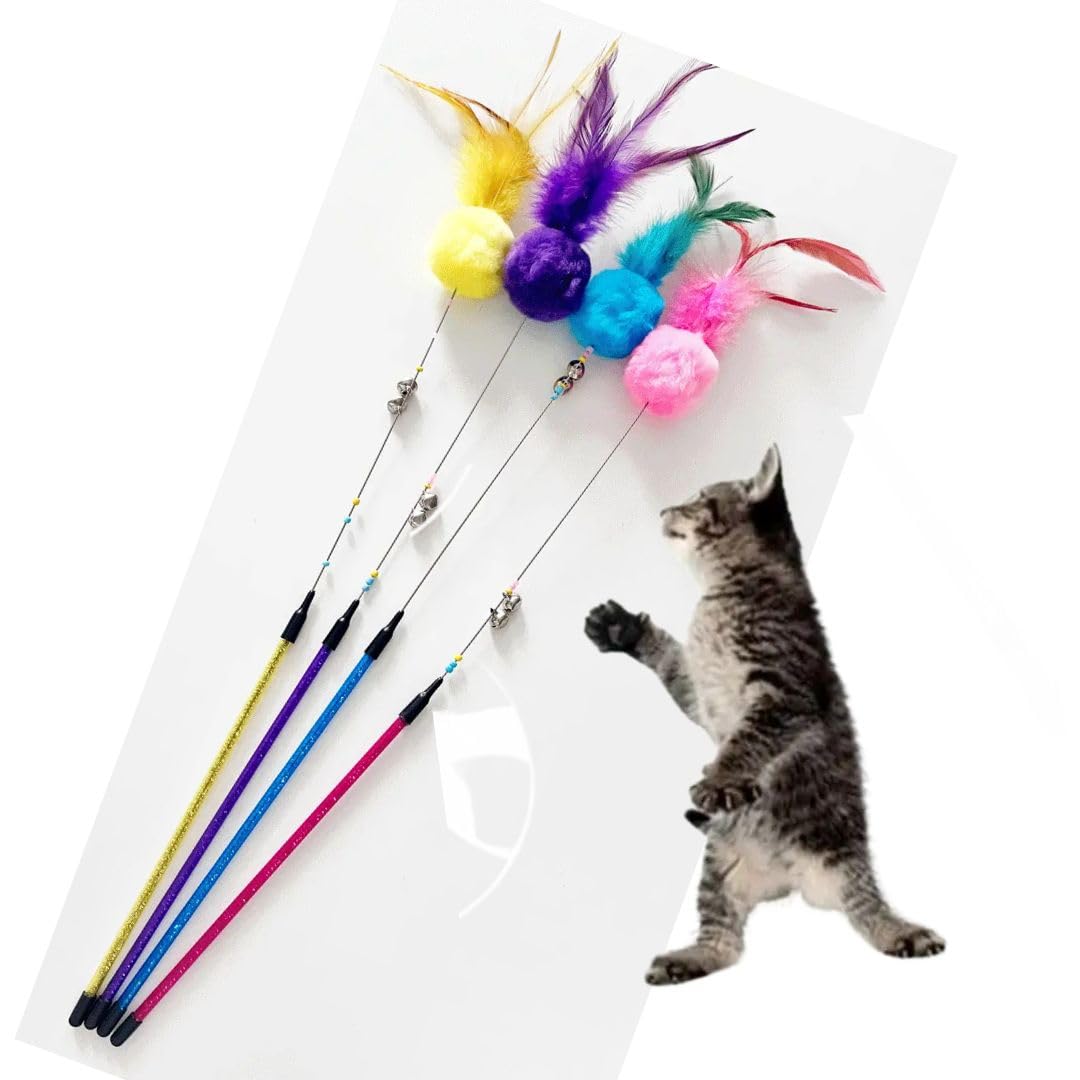 Pet Fun Interactive Cat Teasing Stick | Engaging Feather Pom Pom Wand Toy Set For Kitten & Cats, Activity Cat Teaser Play Stick