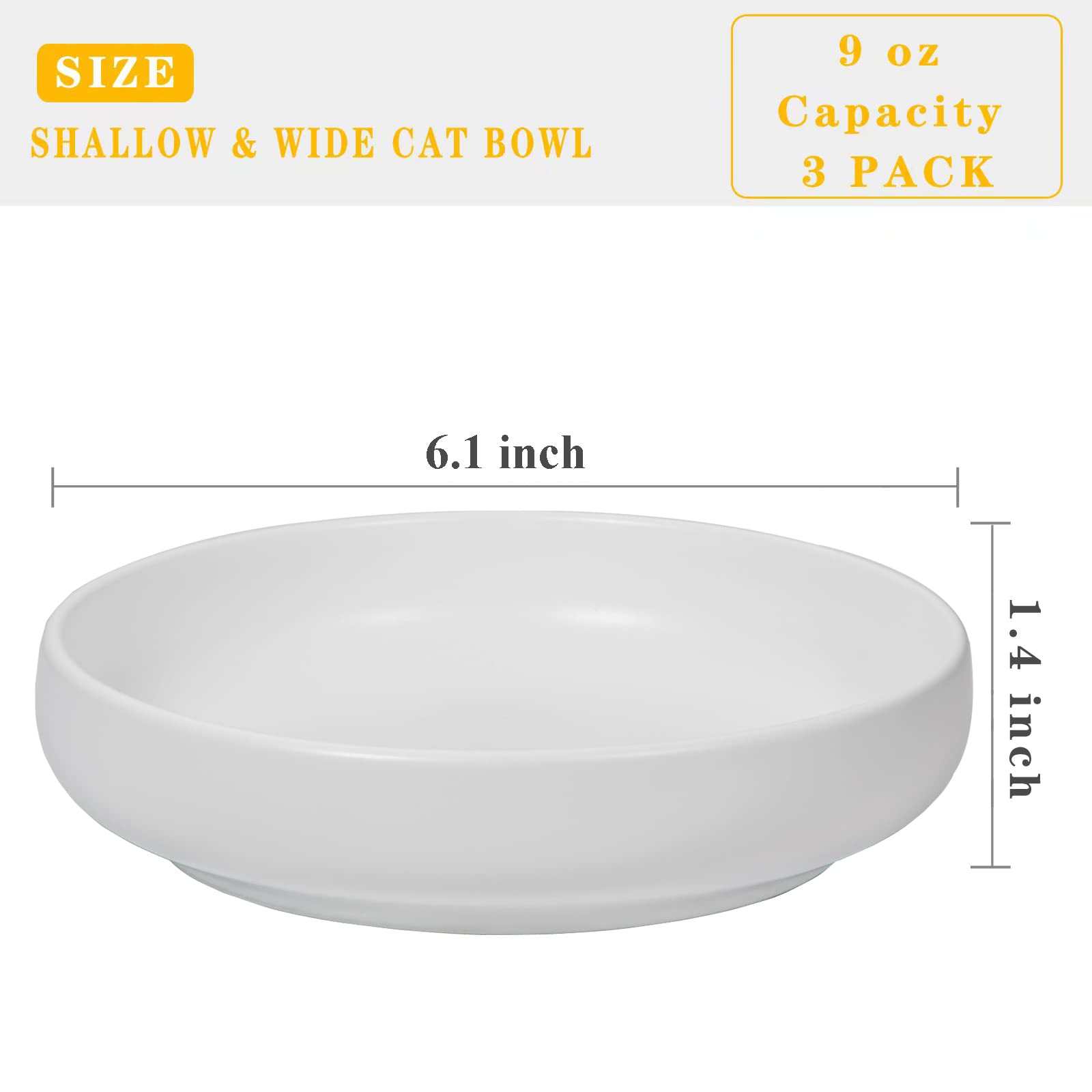Lfpkixise Ceramic Cat Bowls Set of 3 - 6.1" Matte Finish, Whisker Fatigue Free, Dishwasher Safe, White Color