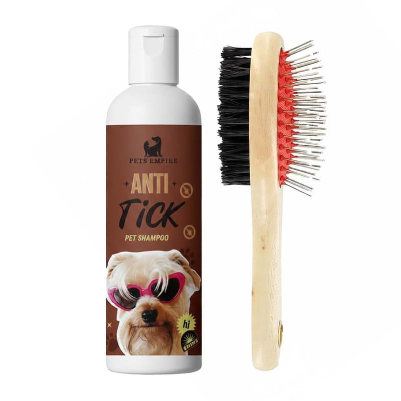 Pets Empire Anti-Tick Dog Shampoo 200Ml & 2-In-1 Wooden Double-Sided Grooming Brush - Pet Hair Remover & Detangling Rake For She