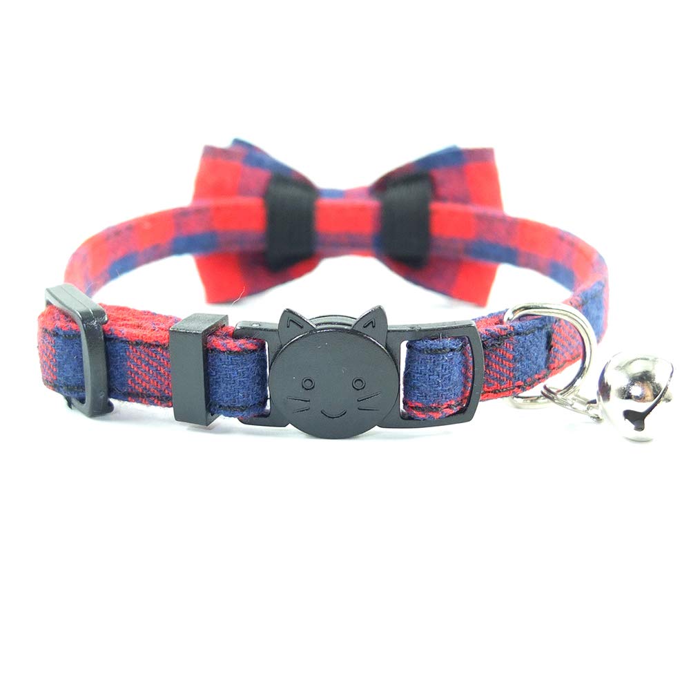 Cat Collar Breakaway With Bell And Bow Tie, Plaid Design Adjustable Safety Kitty Kitten Collars Set Of 2 Pcs(6.8-10.8In) (Red&Black Plaid)