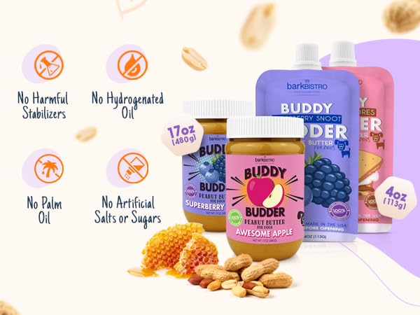 BUDDY BUDDER Red Velvet + Brownie Butter + Gimme SMores, 100% Natural Dog Peanut Butter, Healthy Dog Treat, Made in USA (Set of