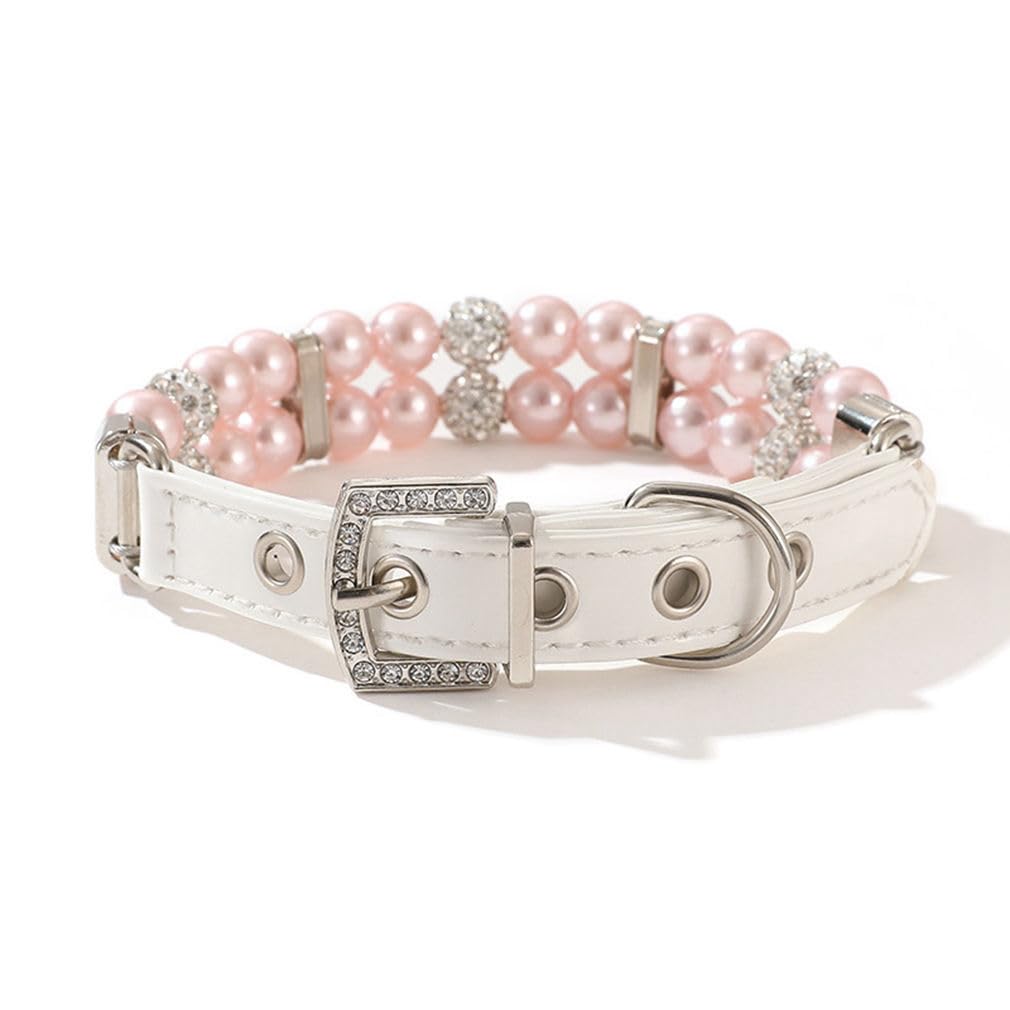 Pink Pearl Dog Collar, Pearl Cat Collar Pu Leather Female Dogs Necklace With Crystal Diamond Rhinestone Jewlled For Small Medium