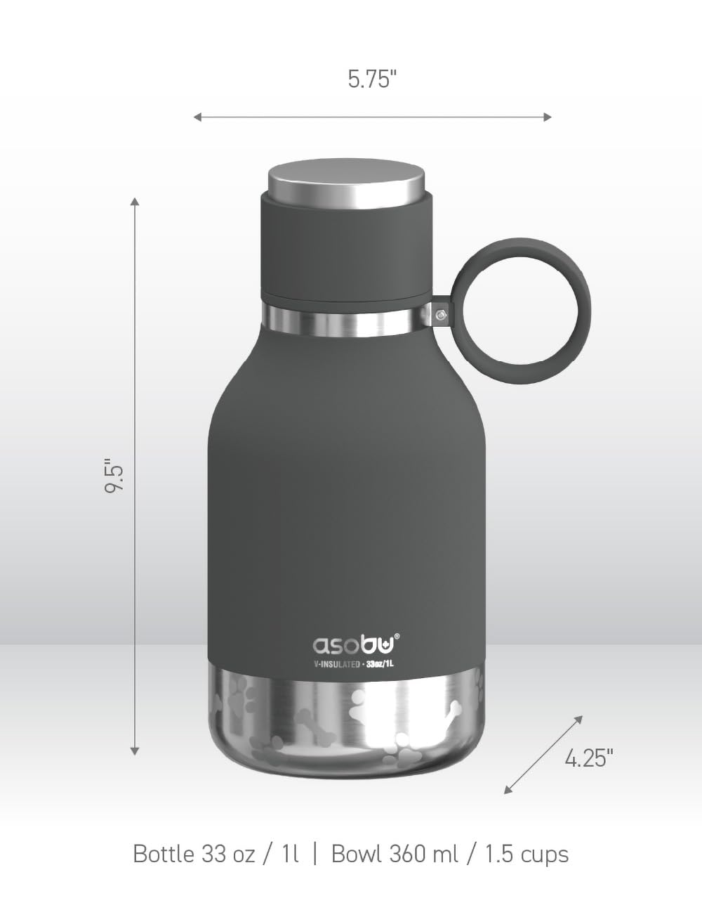 Asobu Dog Bowl Attached To Stainless Steel Insulated Travel Bottle For Human 37Oz/1.1 Liter With Detachable Dog Bowl (Smoke)