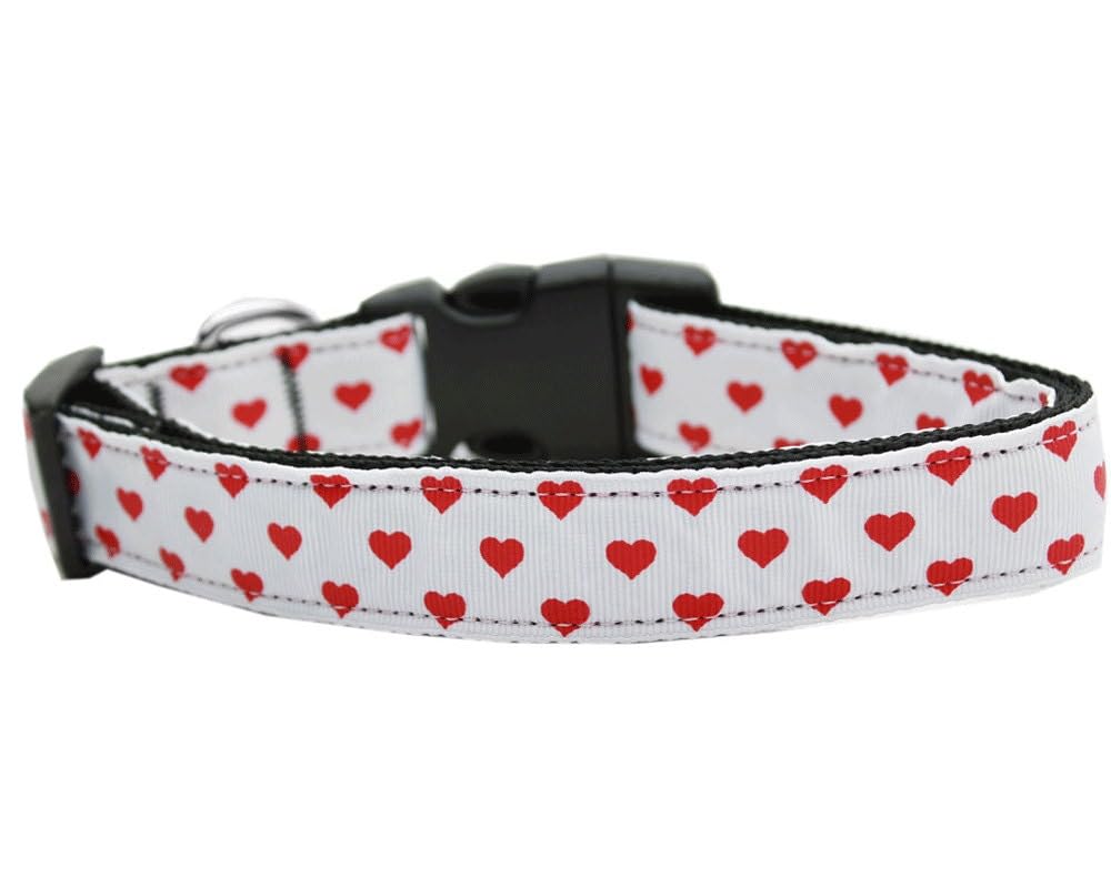 Pet Dog & Cat Nylon Collar or Leash, "White and Red Dotty Hearts" XS Collar