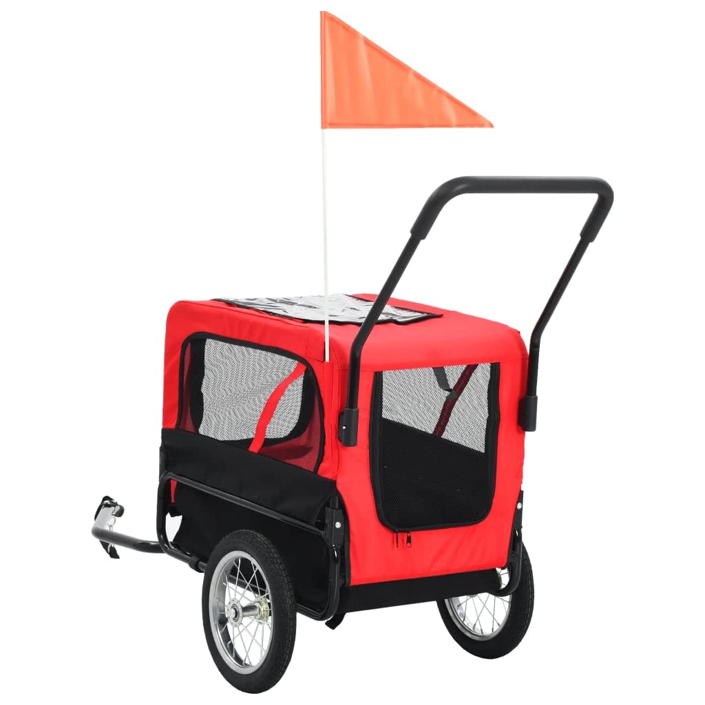 vidaXL 2-in-1 Pet Bike Trailer and Jogging Stroller, Versatile with Quick Conversion, Sturdy Steel Frame, Water-Resistant Oxford Fabric, Mesh Windows, Red and Black