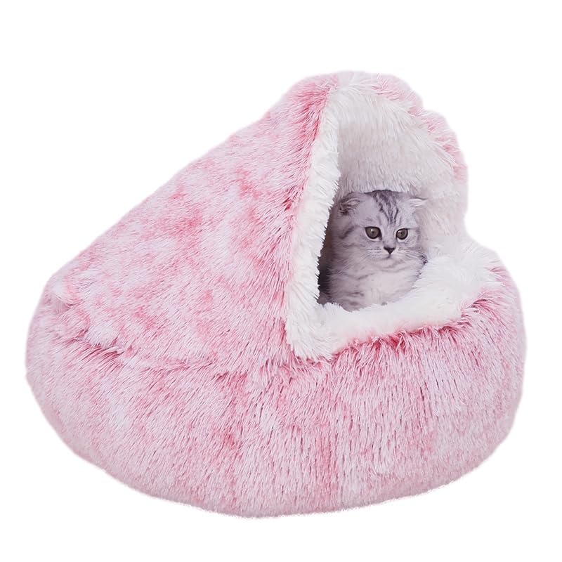 Zanesun Calming Round Dog Bed & Cat Cave With Hooded Cover, Plush Fluffy Anti-Anxiety Cat Bed, Waterproof Bottom Washable (Pink,