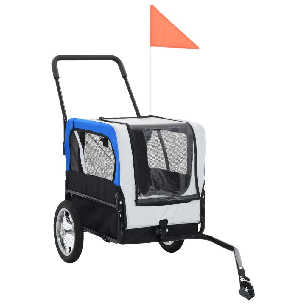 vidaXL Pet Bike Trailer & Jogging Stroller 2-in-1, Durable Steel Frame, Water Resistant Oxford Fabric with Mesh Windows, Gray and Blue