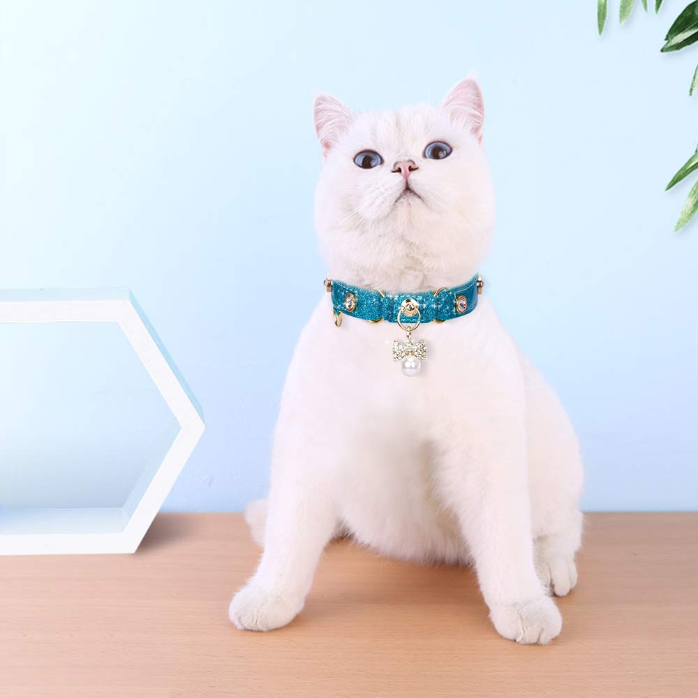 Petshome Cat Collar, Dog Collar, [Bling Rhinestones] Pu Leather Adjustable Pet Collar With Luxury Pendant For Cat And Small Dog Extra Small Blue