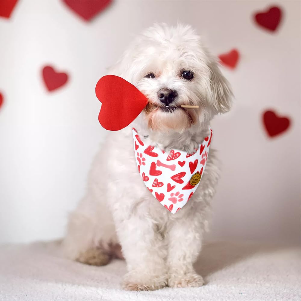Crowned Beauty Valentines Day Dog Bandanas Reversible Small 2 Pack, Red Heart Set, Buffalo Plaid Adjustable Triangle Scarves For