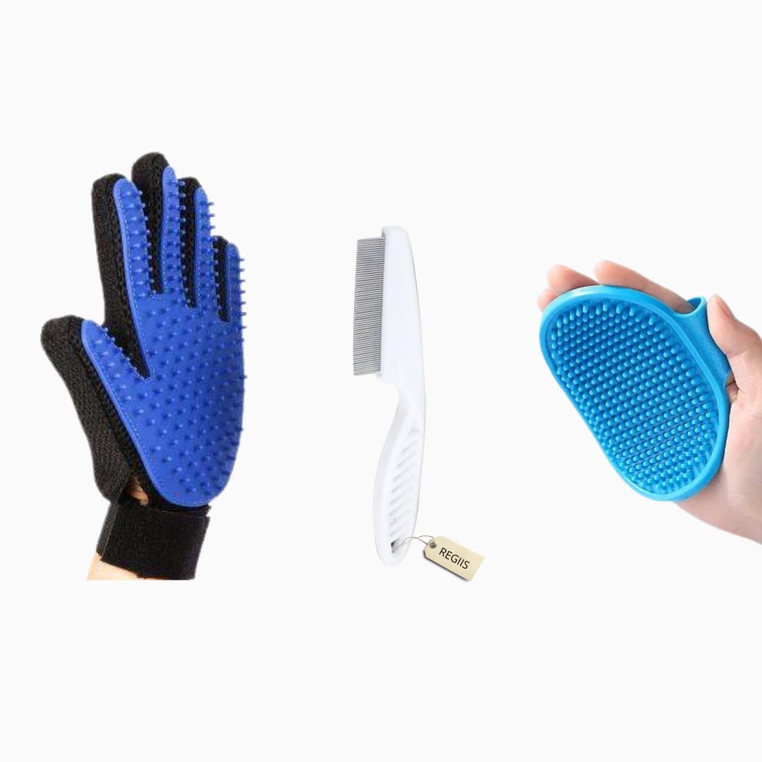 Pet Furr Grooming Kit includes Glove, Bath Brush and Flea Brush for Smooth & Tick Free Hair I (Pack of 3)