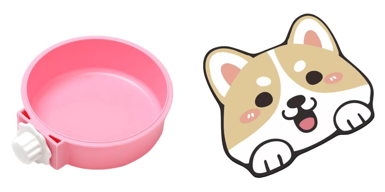 Round Cage Hanging Pet Bowl For Dog And Cat Food With Plastic Lock (Pink) And Adorable Crystal Velvetpolyester Cartoon Litter Ma