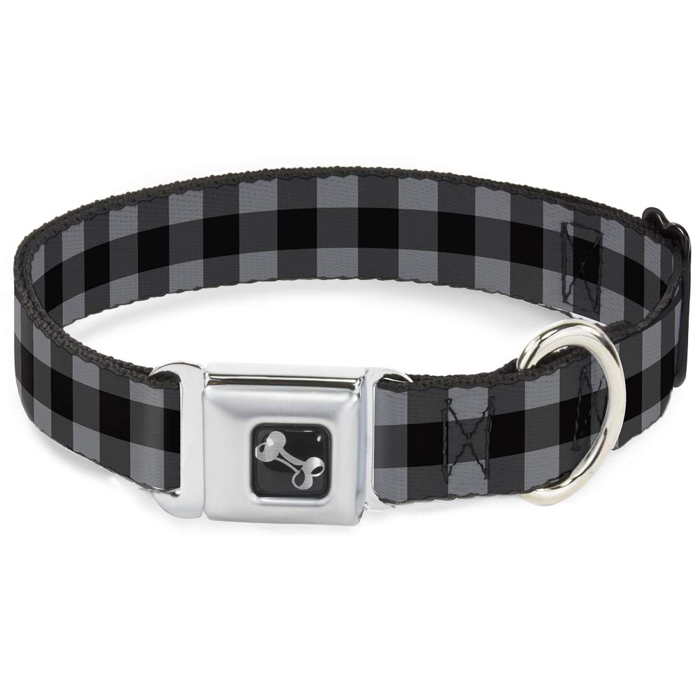 Dog Collar Seatbelt Buckle Buffalo Plaid Black Gray 11 To 17 Inches 1.0 Inch Wide