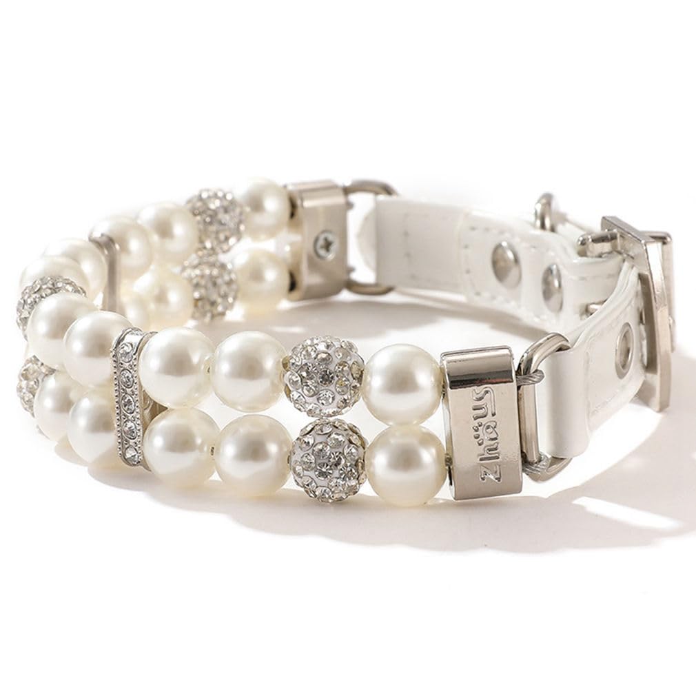 White Pearl Dog Collars For Small Dogs, Fancy Crystal Bling Pearl Cat Collar Rhinestone Luxury Beaded Puppy Necklace Diamond Gir