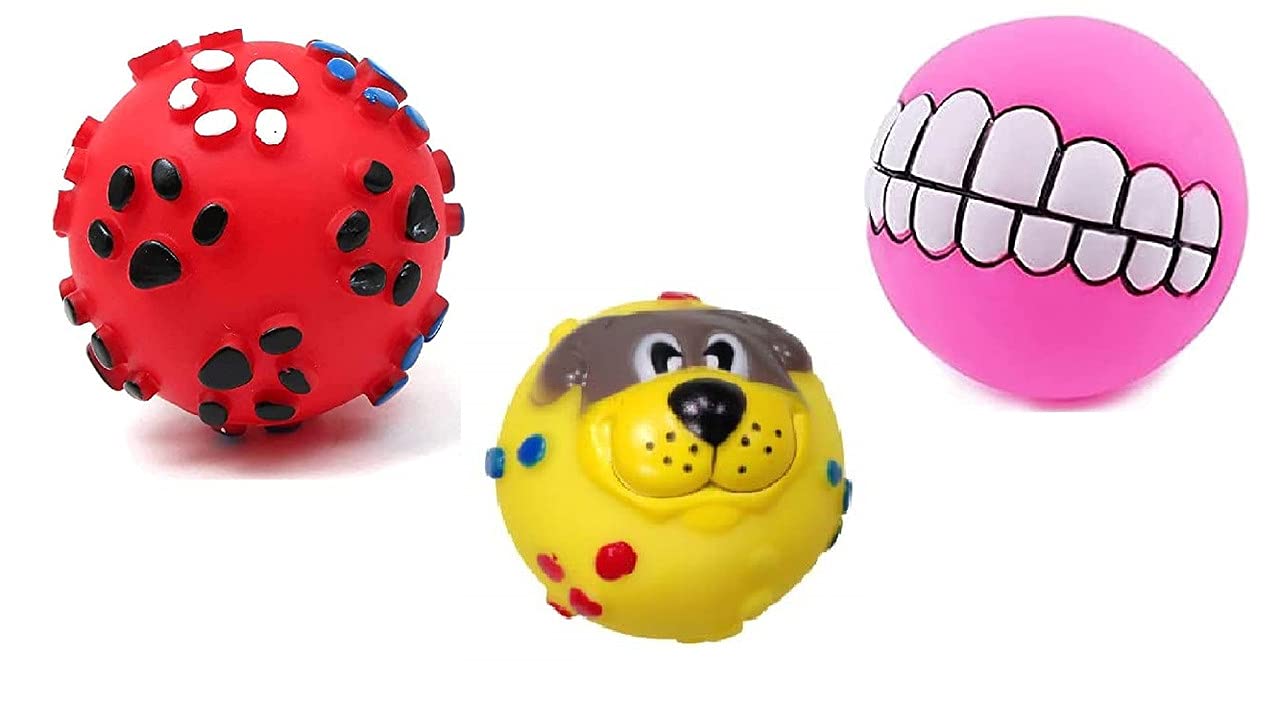 Pet Guard Dog Ball And Squeaky Toys 3 In 1 Combo For Dogs Puppy Cats (Paw Print+Dog Face Ball+Funny Teeth Ball