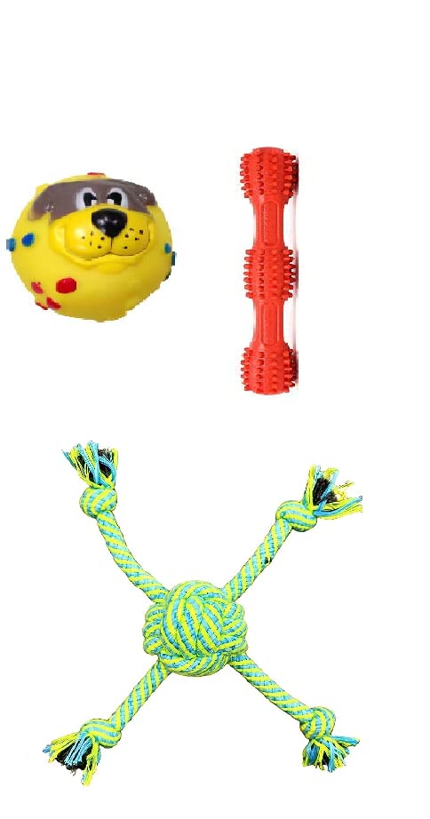 Dog Trust Dog Toys Combo Of 3 Chew Toys For Dogs I Dog Spike Bone+Dog Ball + Rope Toys For Dogs & Puppies Teething Toys I For De