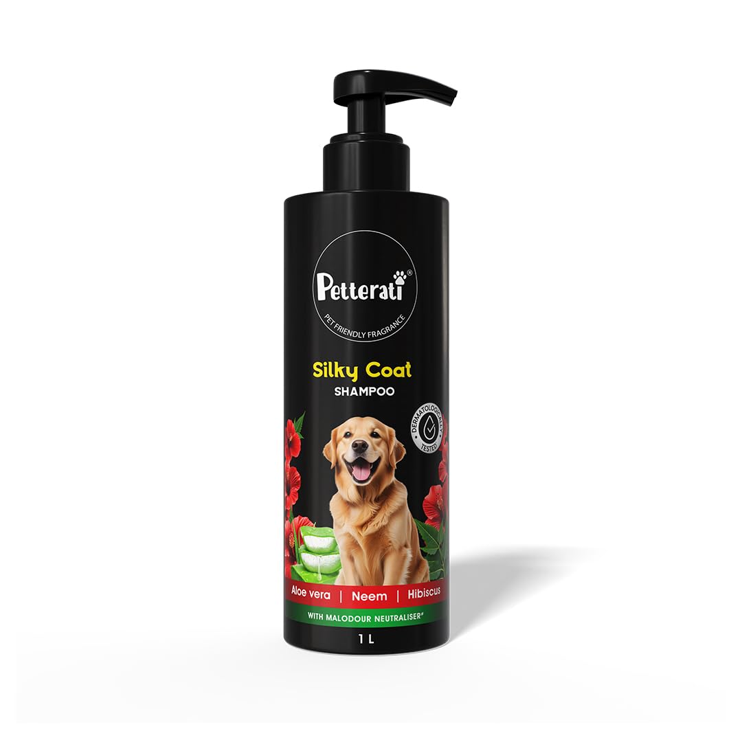 Petterati Silky Coat Dog Shampoo | Aloe Vera, Neem & Hibiscus | Deep Cleansing For Soft, Shiny & Healthy Coat | 1 L