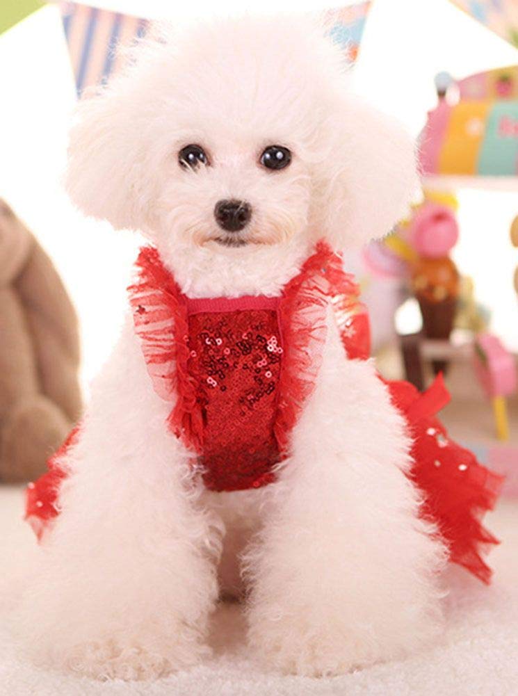 Marupet Fashion Sweet Puppy Dog Blingbling Princess Skirt Pet Dog Lace Cake Camisole Tutu Dress Red Xl