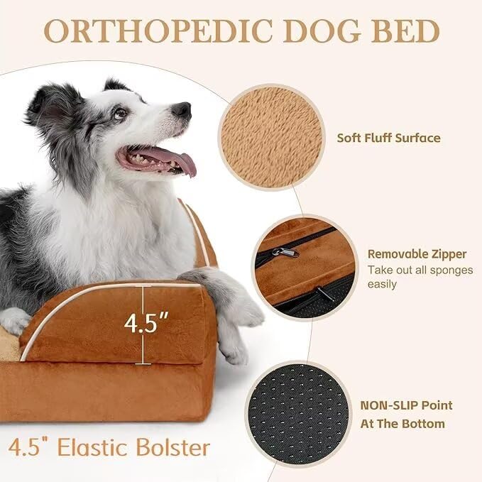 Comfort Expression Large Dog Beds Orthopedic Foam, Waterproof Dog Beds For Large Sized Dogs, Comfy Washable Pet Bed Sofa With Removable Cover & Non-Slip Bottom(Large,Caramel)