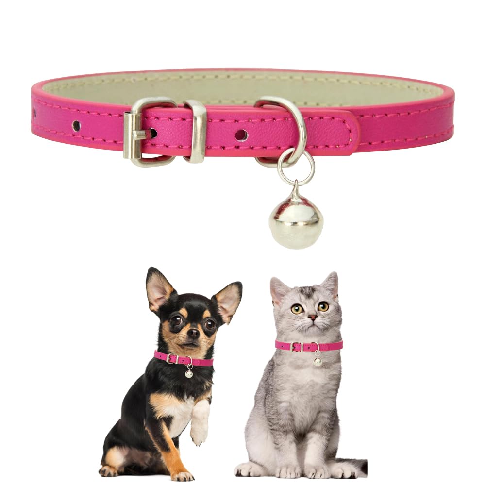 Hot Pink Mefium Dog Collar With Bell,Soft Pu Leather Dog Collar With Bell Adjustable Buckle For Xxs Extra Small Medium Tiny Male