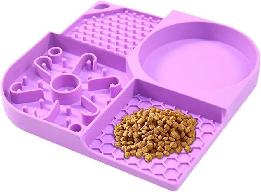 2V Brothers Pet Licking Mat With 4 Sections, Suction Cups For Stability,21X21Cm Slow Feeder Bowl, Suction Cup Base