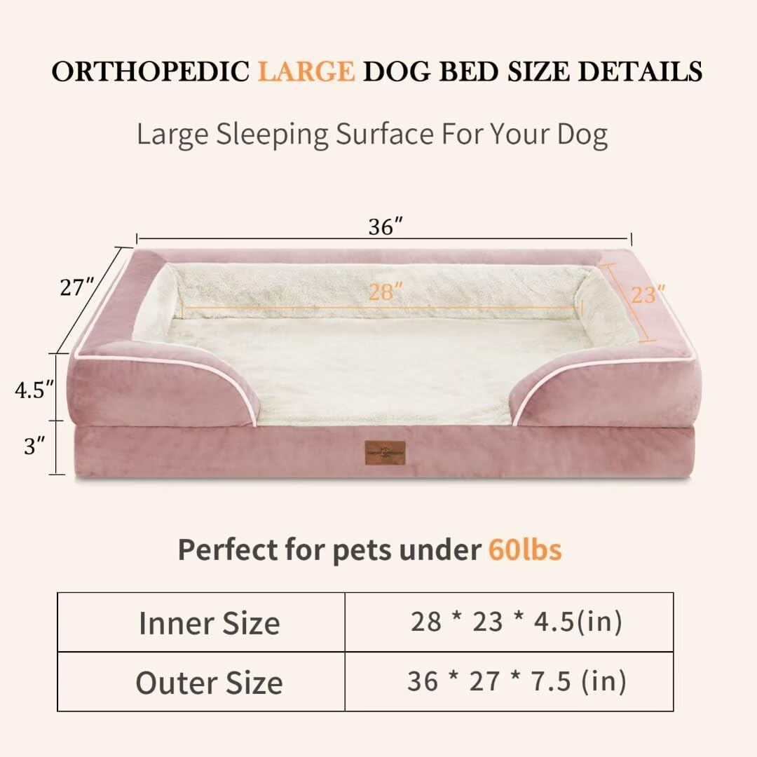 Comfort Expression Large Dog Beds Waterproof Orthopedic Foam Dog Beds For Large Dogs Sofa Comfy Pet Bed With Non-Slip Bottom & Washable Removable Cover(Large,Pink)