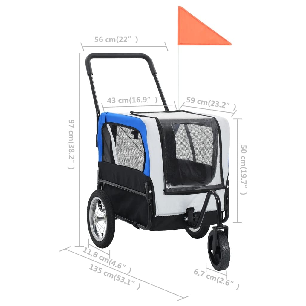 vidaXL Pet Bike Trailer & Jogging Stroller 2-in-1, Durable Steel Frame, Water Resistant Oxford Fabric with Mesh Windows, Gray and Blue