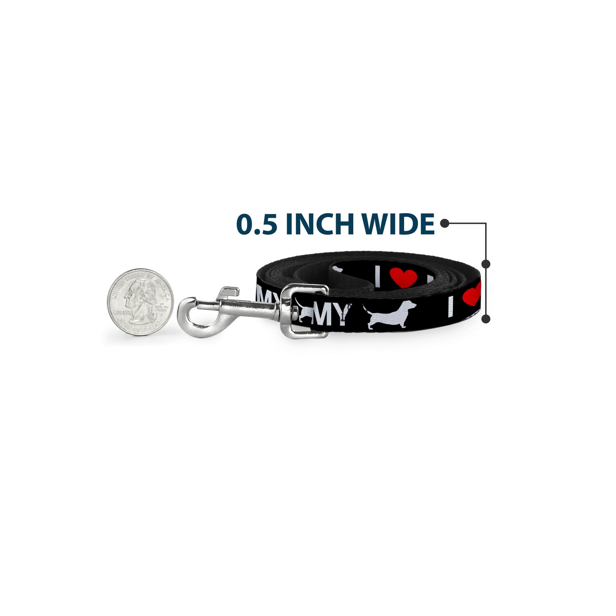 Dog Leash I Heart My Wiener Dog Silhouette Black White Red 6 Feet Long 1.5 Inch Wide