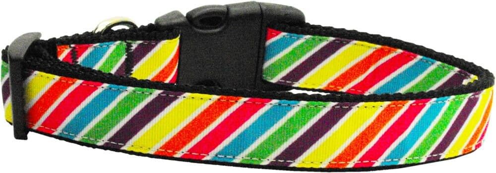 Pet Dog & Cat Nylon Collar or Leash, "Striped Rainbow" MD Narrow Collar