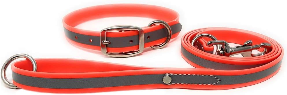 Regal Dog Products Large Orange Reflective Dog Collar And Leash Set - Waterproof Biothane Dog Collar With Heavy Duty Double Buck