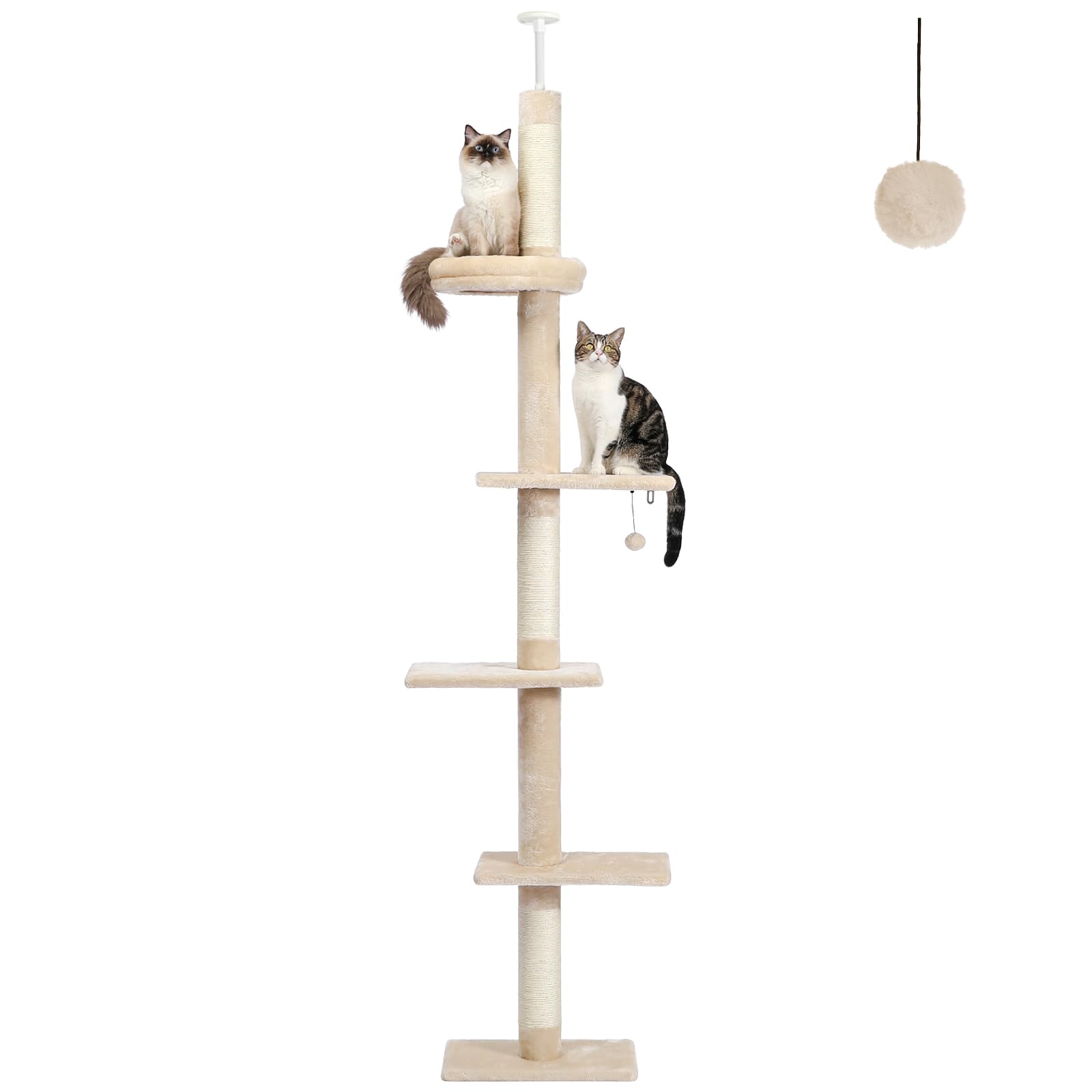 PETEPELA Cat Tree 5-Tier Adjustable Tower (95-108") - Beige Plush Activity Center with Scratching Post & Cozy Bed