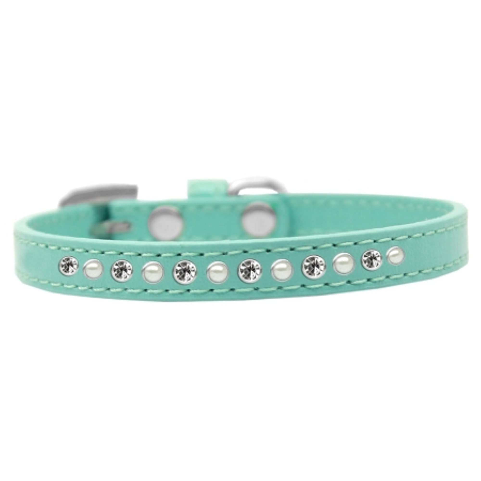 Mirage Pet Products Pearl and Clear Crystal Aqua Puppy Dog Collar, Size 16