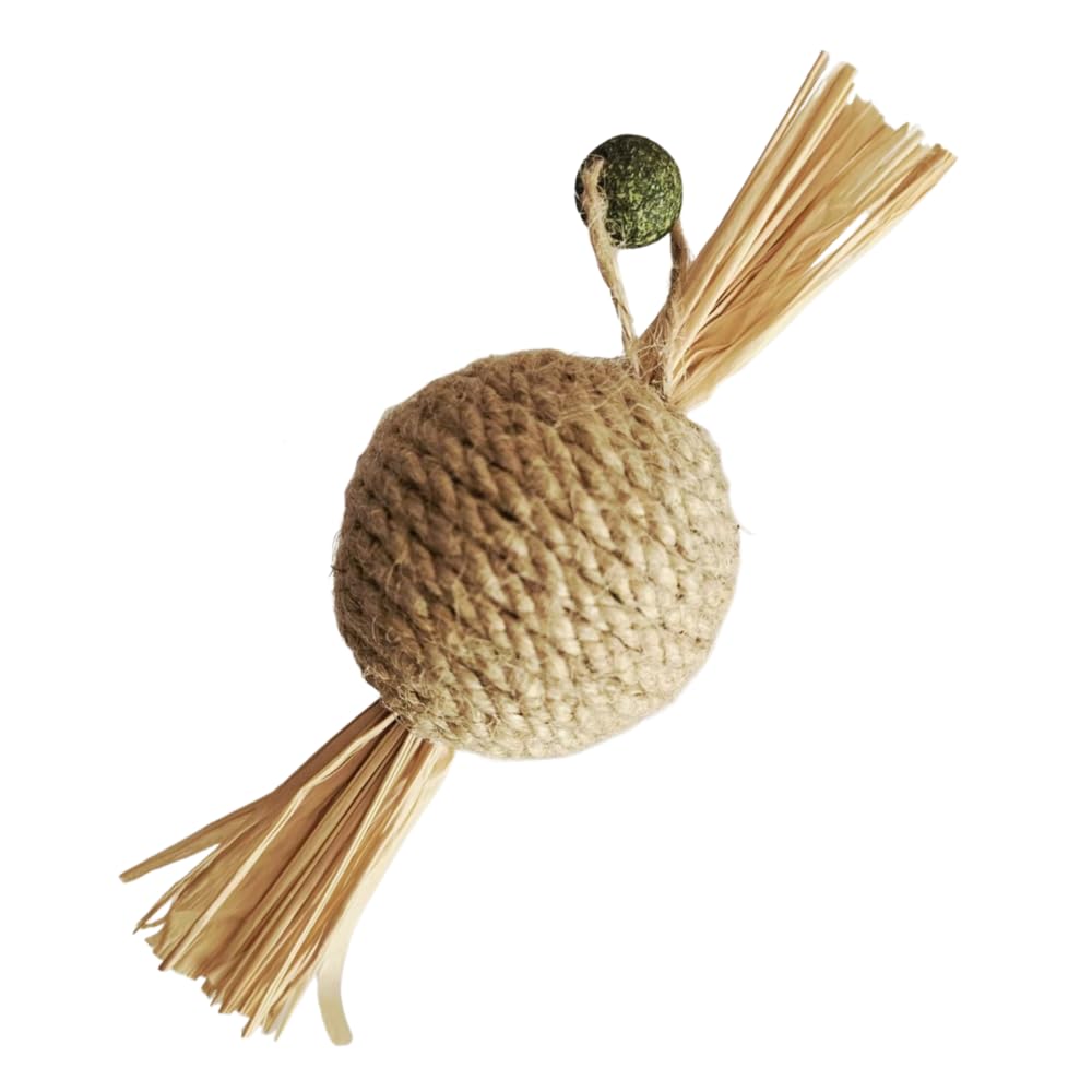 Gishiki 100% Natural Raffia Cat Toy Ball With Silvervine For Cats, Catnip Attachment, Toffee Shaped, No Dyes Or Plastic, Stress 