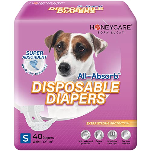 HONEY CARE All-Absorb Disposable Female Dog Diapers Small Size, Improved, 40 Count, Super Absorbent, Breathable, Wetness Indicat