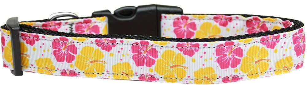 Pet Dog and Cat Nylon Collar or Leash, "Pink & Yellow Hibiscus Flowers" XS Collar