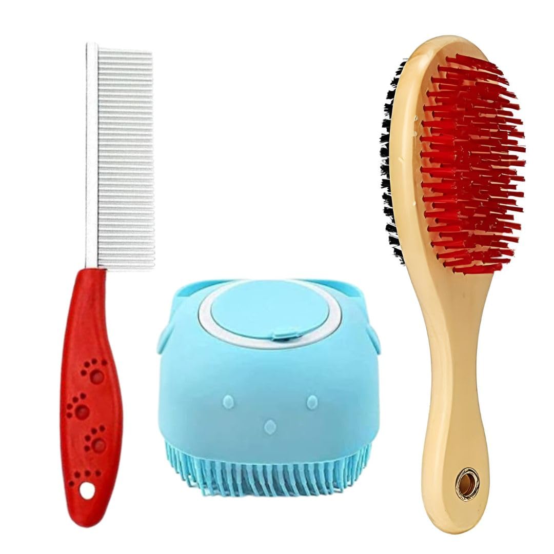 Pet Fun 3In1 Grooming Combo For Dogs & Cats | Silicone Shampoo Brush, Stainless Steel Single Sided Comb & Double Sided Wooden 