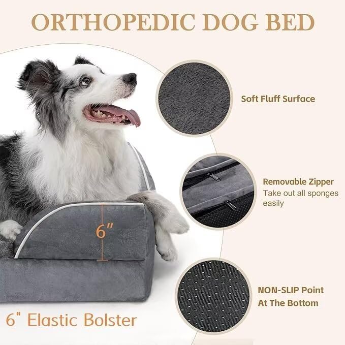 Comfort Expression XXL Waterproof Orthopedic Foam Dog Bed, Dark Grey, Washable with Removable Cover & Non-Slip Bottom, 53"x42"x9.5"