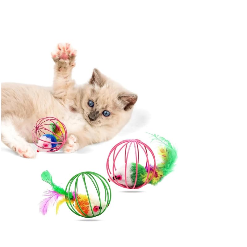 Kittupet Cat Ball Toys With Bell Feather Cute Mouse In Cage Shaped Interactive Ball Toy For Cats And Dogs Training Playing (Pack