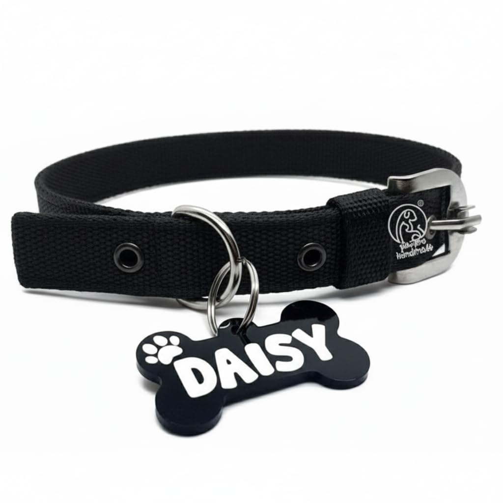 Pawpro Personalized Black Dog Collar Nylon Belt With Customizable Bone Shape Dog Name Tag Soft Comfy Pet Collar For Small Medium