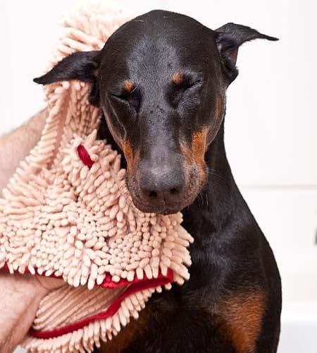 Soggy Doggy Super Shammy Dog Towel, Washable Microfiber Dog Towels For Drying Dogs And Cleaning Paws, Fast-Drying Dog Bath Towel With Hand Pockets, Beige/Red Trim, 31 X 14 Inches