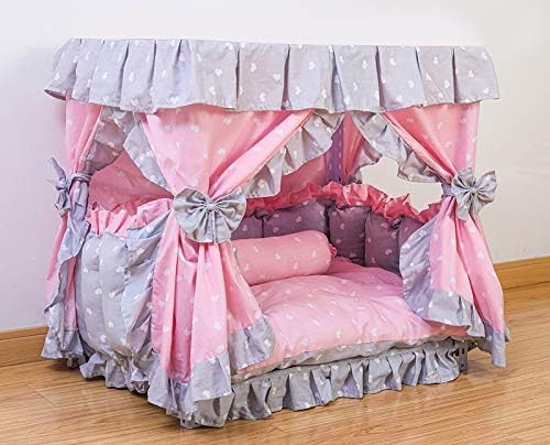 Kolachic Princess Pink Grey White Heart Pet Dog Handmade Bed House+1 Candy Pillow (M)