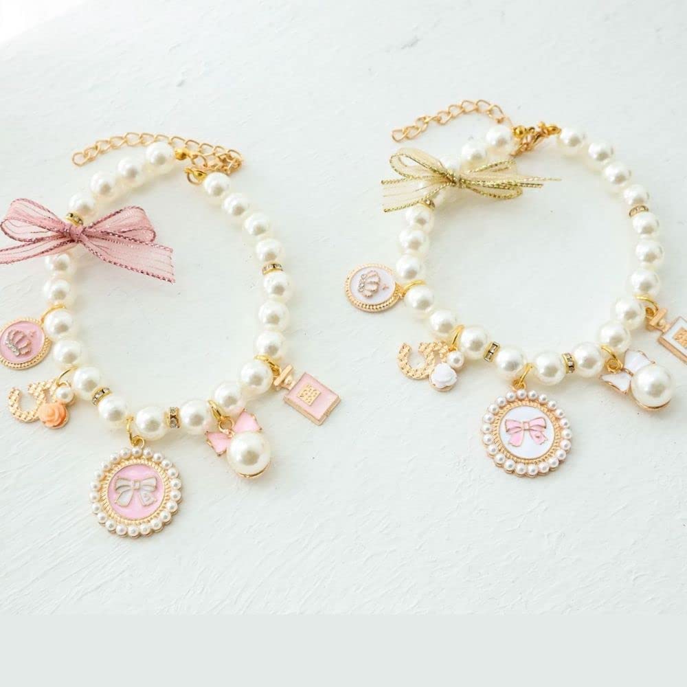 Pink Medium Dog Pearl Collars Pet Pearl Dog Princess Bow Necklace Cute Collar Puppy Accessories Cat Jewelry Pearl Neck Strap For