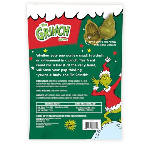 Dr. Seuss The Grinch Gnaws Chicken Dog Treats - Long Lasting Holiday Chews for Medium & Large Dogs, with Fillable Cavity for Spr