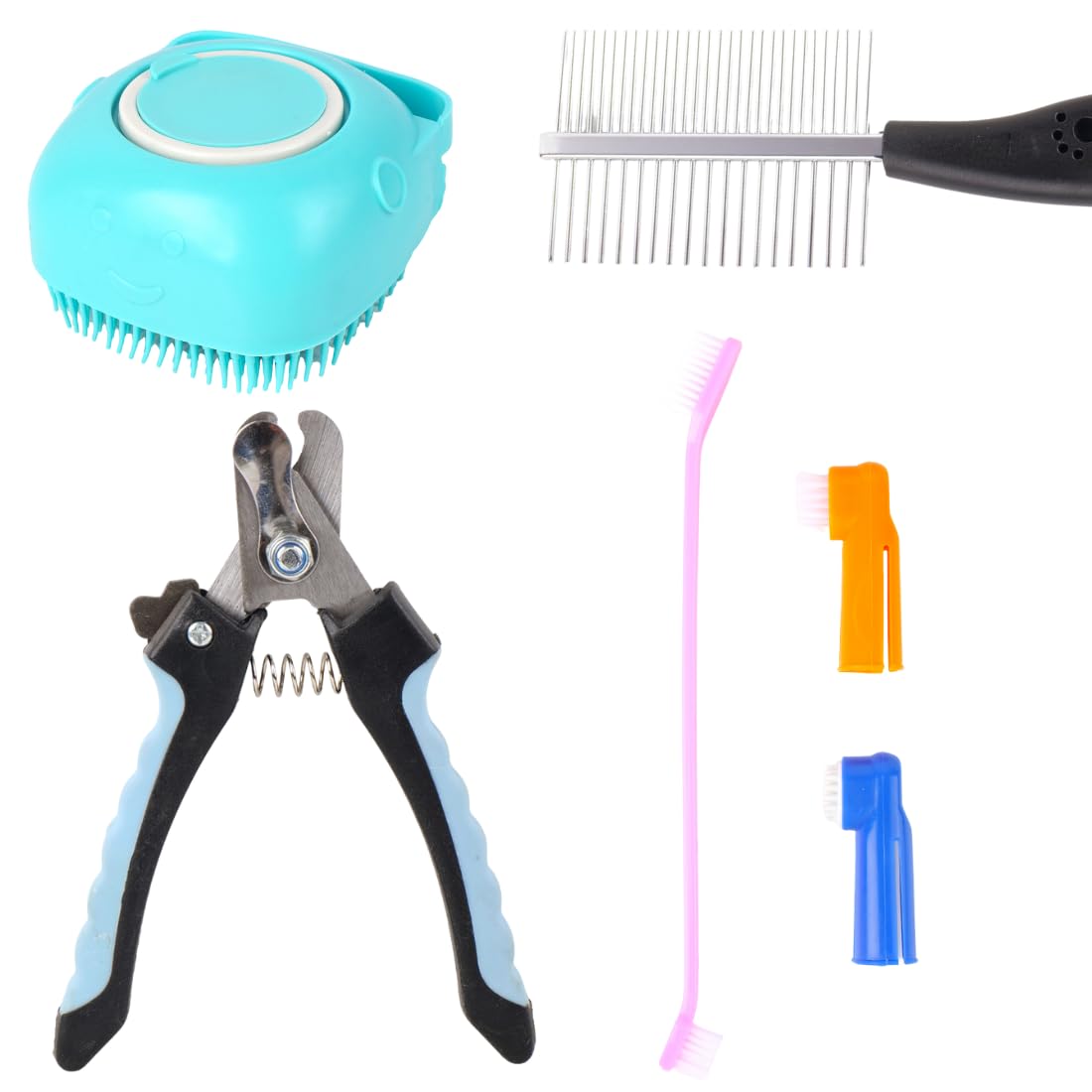 Pet Grooming Kit, 4Piece Dog Brush Set with Silicone Massager, Metal Comb, Nail Clippers, Toothbrushes for Dogs, Turquoise Blue
