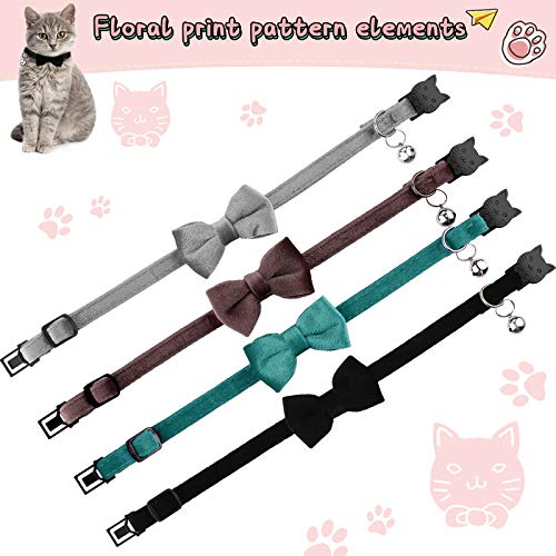 4 Pieces Cat Bow Tie Collar With Bell Breakaway Cat Collar Comfortable Velvet Cat Collar With Cute Safety Pet Collar For Pet Kitten Puppy (Black, Gray, Coffee, Blue,Small)