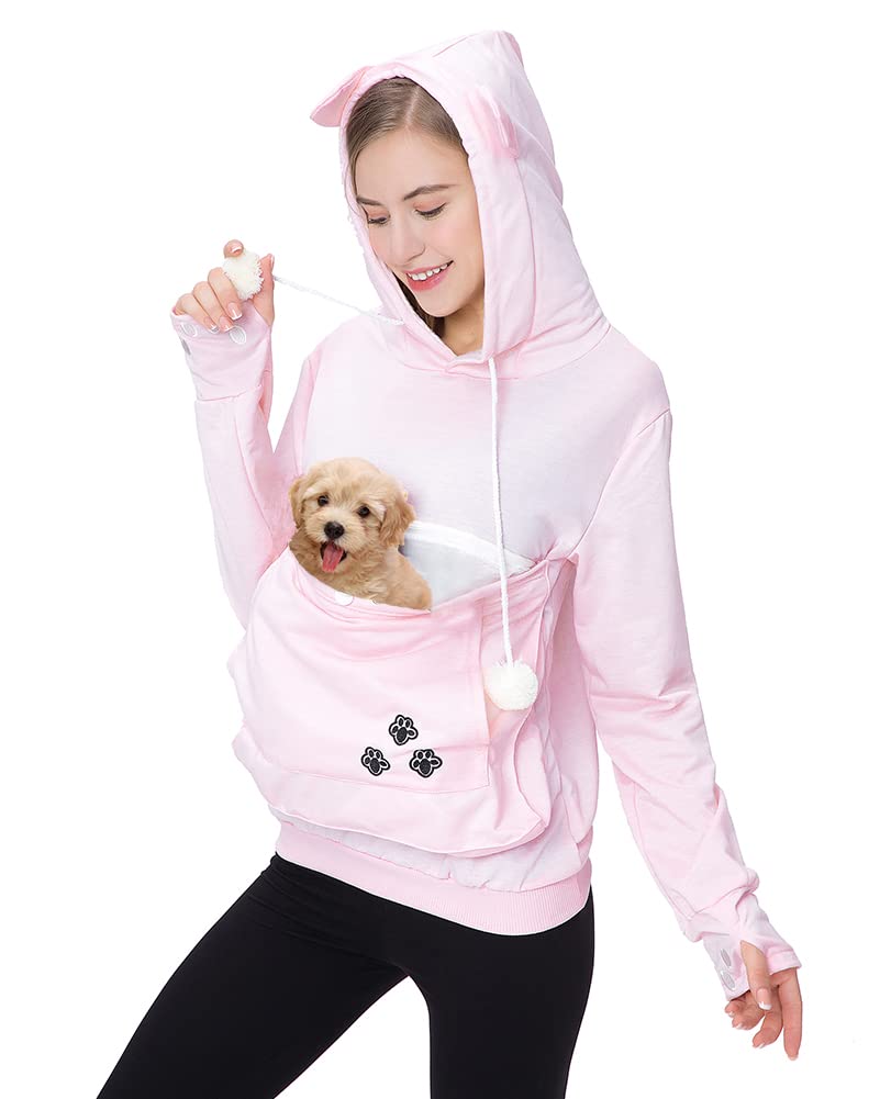 Jomago Womens Pet Carrier Thin Hoodies Kitten Puppy Pouch Shirts Animal Holder Hood Long Sleeve Sweatshirt Thin Pink