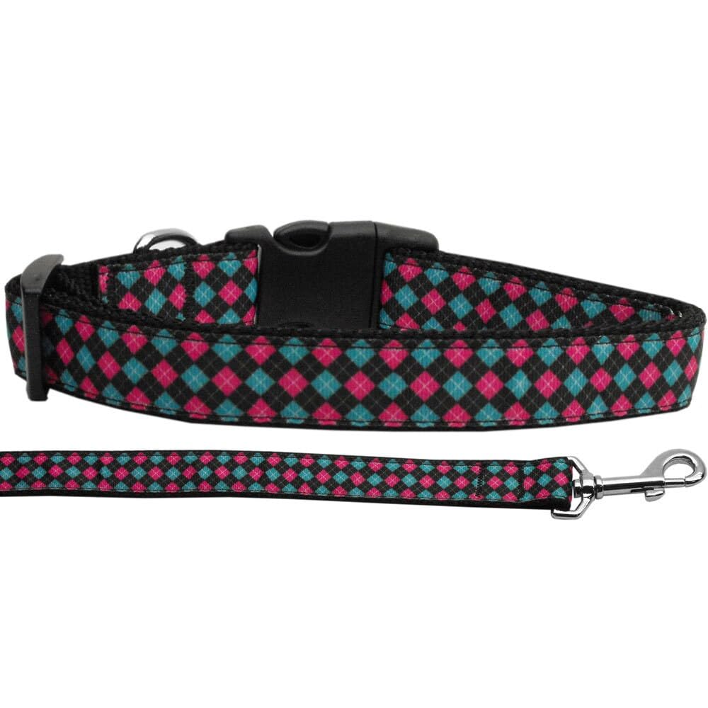 Pet Dog and Cat Nylon Collar or Leash, "Pink & Blue Plaid" SM Collar