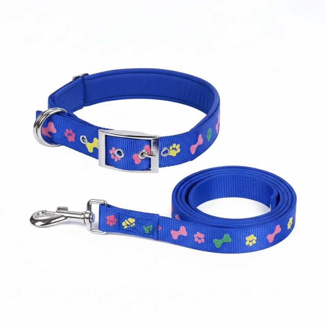 Pets Empire Soft Padded Paw And Bone Printed Dog Leash Collar Set Nylon Foam Soft Adjustable Pet Cat Durable Collar (Xlarge Neck