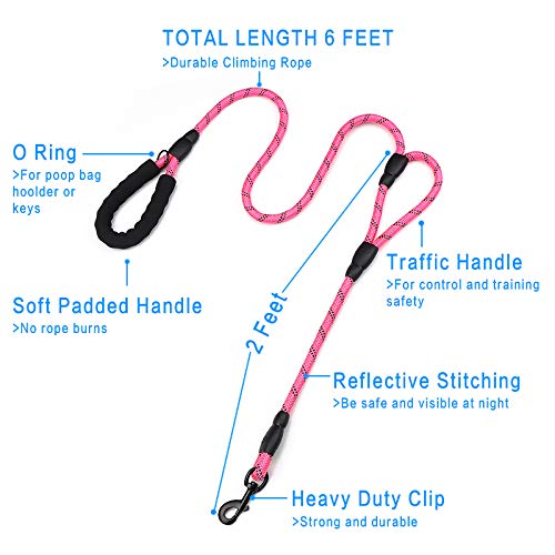 Rope Dog Leash 6Ft Long,Traffic Padded Two Handle,Heavy Duty,Reflective Double Handles Lead For Control Safety Training,Leashes For Large Dogs Or Medium Dogs,Dual Handles Leads(Pink)