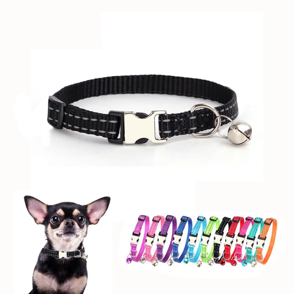 Xs Dog Collar With Bell, Reflective Nylon Metal Buckle Xsmall Puppy Collars For Puppia Pet Cat Girl Kitten Small Animal, Black X