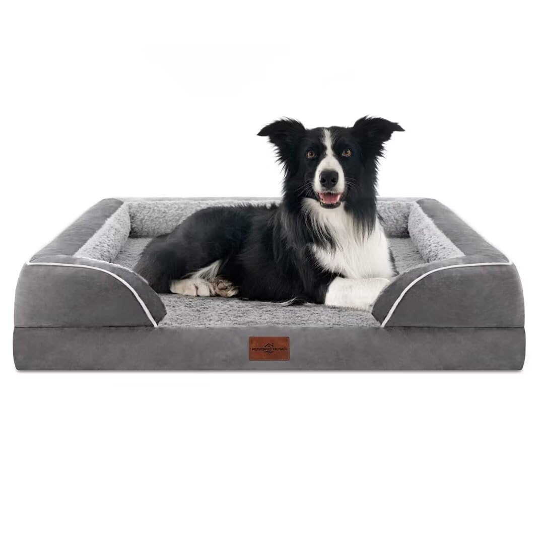 Comfort Expression Large Dog Bed - Waterproof Orthopedic Foam, 36"x27"x7.5", Grey, Removable Cover, Non-Slip Bottom